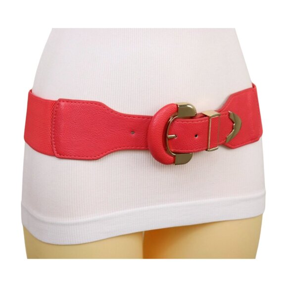 New Women Coral Pink Faux Leather Elastic Waistband Belt Round Gold Buckle S M - Picture 11 of 16